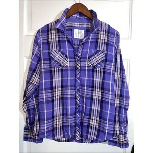 Justice button up shirt purple and pink plaid‎ with Y2K embellishment Juniors 18